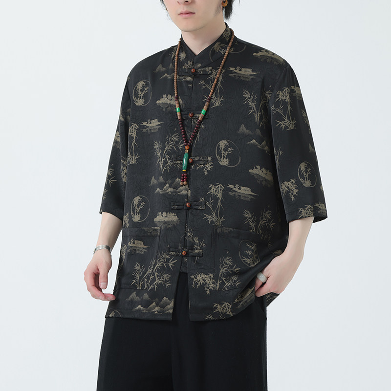 2024夏季风男装冰丝印花唐装汉服短袖衬衫衬衣C229-Y1021-P70,男装衬衫,电商C229