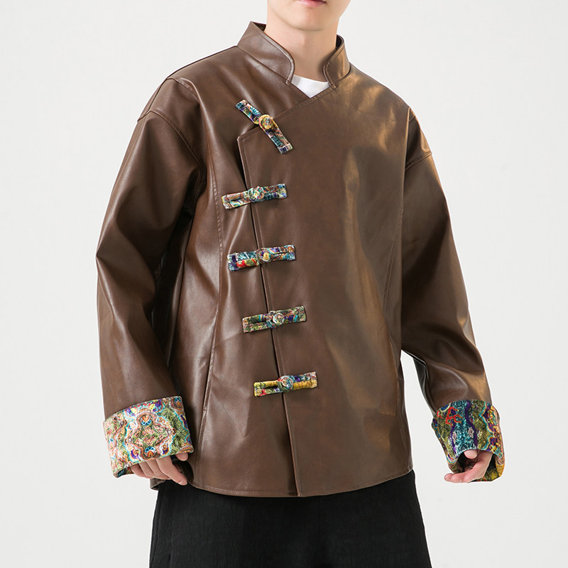 2024冬风男装复古中式唐装汉服pu仿皮夹克外套C229/Y796/P125,男装皮衣,电商C229