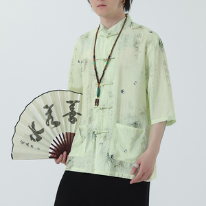 2024夏风男装冰丝印花唐装短袖五分袖衬衫衬衣C229-Y1019-P70,偏瘦男生夏穿搭图片
