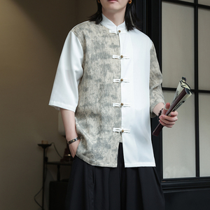 2024夏季风男装冰丝中式盘扣唐装大码短袖五分袖衬衫衬衣合集图片