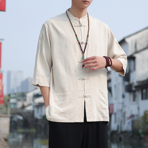 2024夏风男装亚麻唐装汉服短袖五分袖衬衫衬衣C229/Y604/P55图片