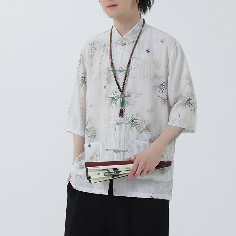 2024夏风男装冰丝印花唐装短袖五分袖衬衫衬衣C229-Y1019-P70,男装衬衫,电商C229