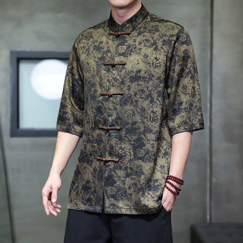 2025夏季风男装冰丝唐装汉服短袖衬衫衬衣大码C229-Y1097-P70，男装衬衫，电商C229