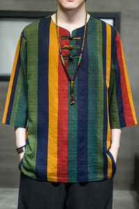 2024夏季风男装条纹唐装汉服盘扣复古T恤大码C229/T173/P50图片