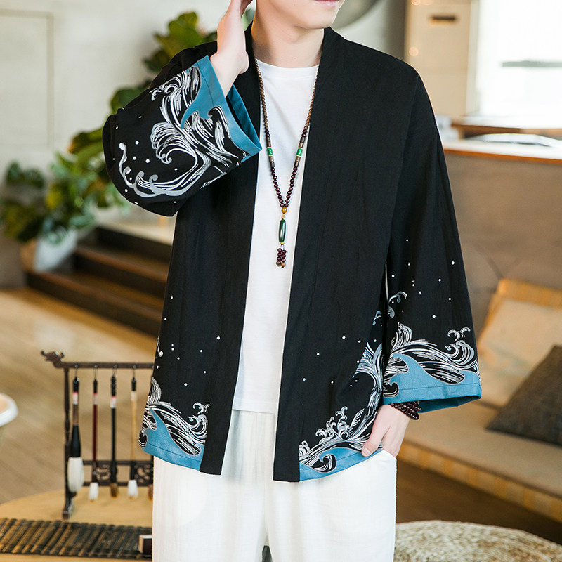 2024秋风男装棉麻亚麻印花唐装汉服披风风衣男C229/F407/P60,男装风衣,电商C229