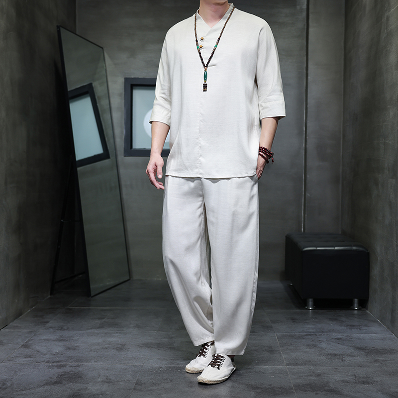 2025夏风男装棉麻亚麻唐装短袖套装两件套C229-TZ367-P100，男装休闲套装，电商C229
