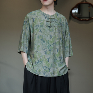 2024夏季风男装冰丝印花唐装汉服短袖五分袖T恤C229-T214-P60图片