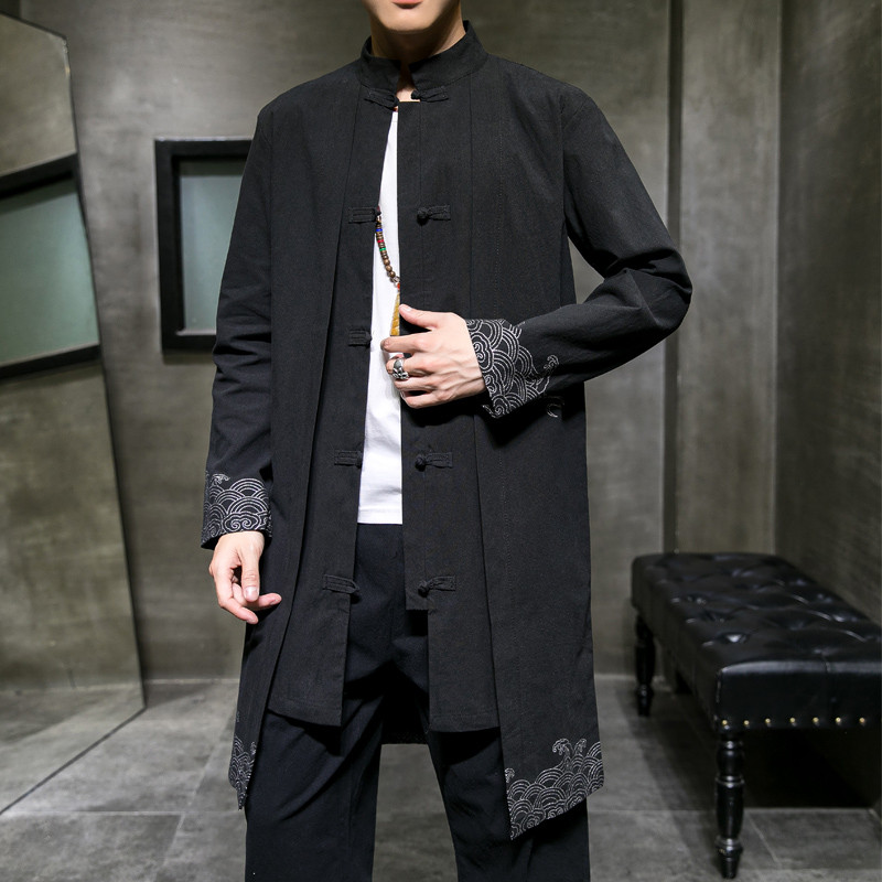 2024风男装棉麻亚麻印花唐装汉服复古中式风衣男C229/F35/P90图片