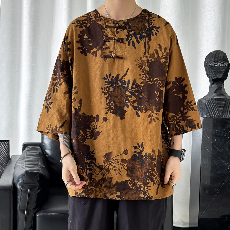 2024夏季风男装条纹短袖唐装汉服T恤宽松大码C229/T173/P50,男装T恤,电商C229
