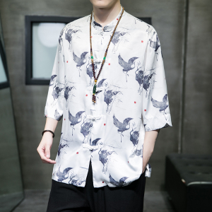 2023夏风男装冰丝印花唐装汉服短袖五分袖衬衫C229/Y735/P60图片