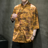 风男装冰丝印花唐装汉服短袖五分袖衬衫衬衣C229/Y943/P68，男装衬衫，电商C229