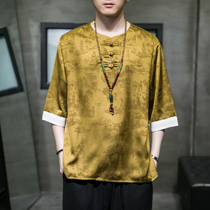 2024夏季风男装冰丝唐装汉服短袖五分袖T恤大码C229/T195/P55图片