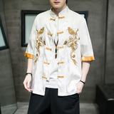 2024春夏风男装冰丝刺绣日系汉服五分袖短袖T恤C229/Y656/P60，男装衬衫，电商C229