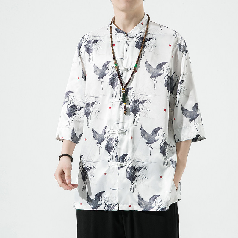 风男装冰丝印花唐装汉服短袖五分袖衬衫衬衣C229/Y735/P60,男装衬衫,电商C229