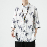 风男装冰丝印花唐装汉服短袖五分袖衬衫衬衣C229/Y735/P60，男装衬衫，电商C229