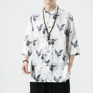 风男装冰丝印花唐装汉服短袖五分袖衬衫衬衣C229/Y735/P60图片