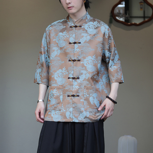 2024夏风男装提花唐装汉服五分袖短袖衬衫衬衣C229-Y1032-P70图片