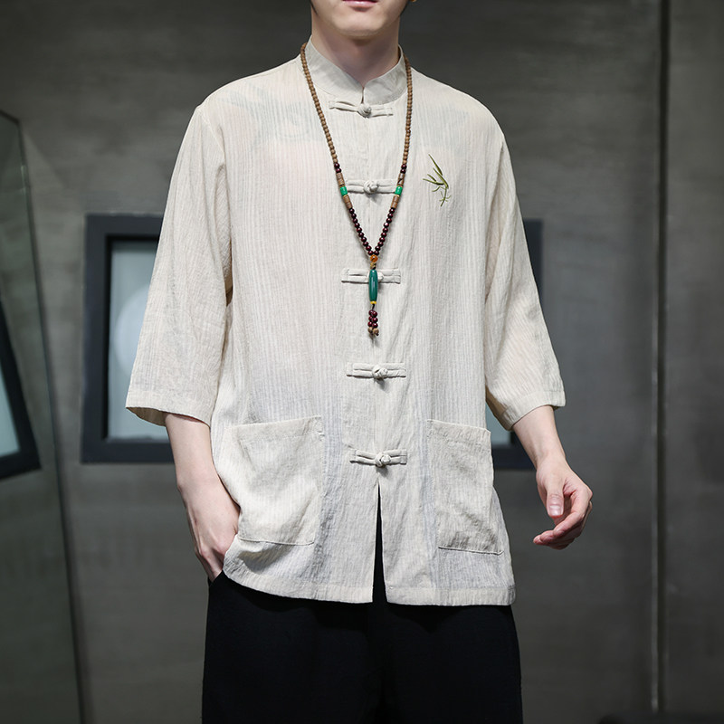 2024夏风男装刺绣唐装汉服短袖五分袖衬衫衬衣C229-Y907-P65,男装衬衫,电商C229