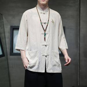 2024夏风男装刺绣唐装汉服短袖五分袖衬衫衬衣C229-Y907-P65图片