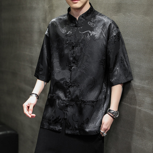 风男装冰丝唐装汉服短袖五分袖复古衬衫衬衣C229/Y620/P50图片