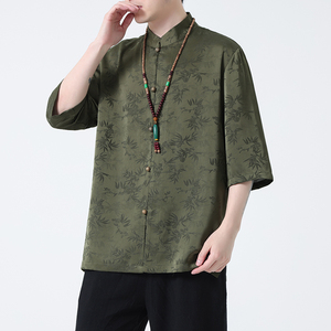 2024春夏新款风男装冰丝唐装汉服五分袖衬衫C229-Y903-P65,吊带裤搭配马丁靴男图片