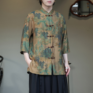 2024夏风男装印花唐装汉服短袖五分袖衬衫衬衣C229-Y1005-P68图片