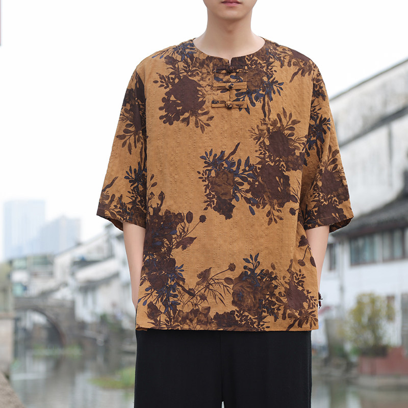 2024春夏风男装条纹盘扣中式唐装汉服短袖T恤C229/T173/P50图片