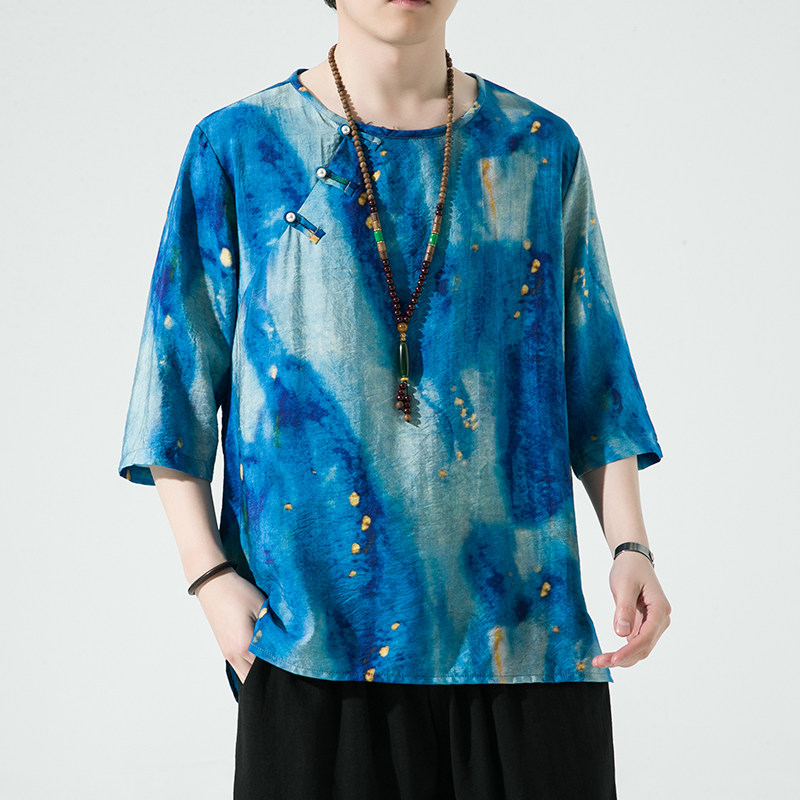 2024春夏新款风男装棉麻亚麻唐装汉服五分袖T恤C229/T194/P55,男装T恤,电商C229