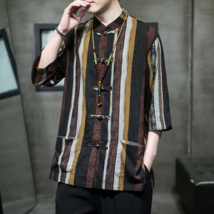 风男装棉亚麻印花唐装汉服短袖五分袖衬衫衬衣C229/Y728/P65图片