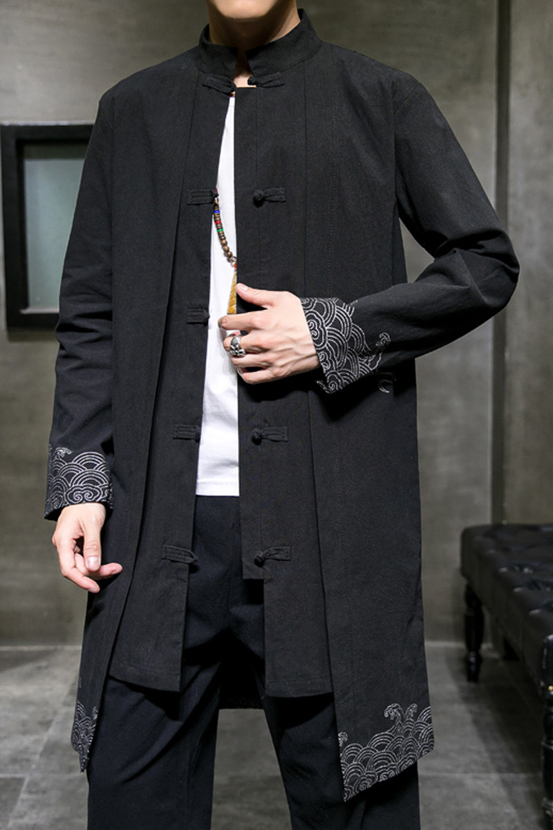 2023风男装棉麻亚麻印花唐装汉服复古中式风衣男C229/F35/P90,男装风衣,电商C229