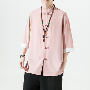 2023夏款风男装冰丝唐装汉服白底五分袖衬衫男C229/Y677/P60图片