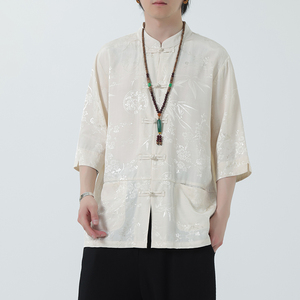2024夏风男装冰丝唐装汉服短袖五分袖衬衫衬衣C229-Y1022-P70,男士黑白格长袖衬衫搭配毛衣图片
