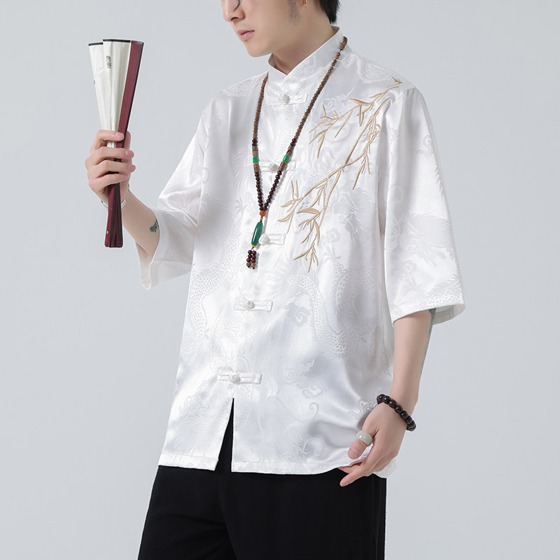 2024风男装冰丝唐装汉服刺绣唐装汉服短袖衬衫C229-Y1016-P65,男装衬衫,电商C229
