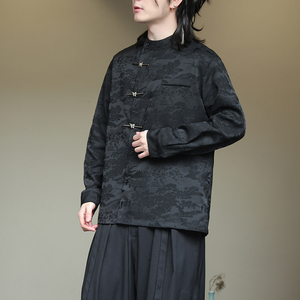 2024春夏风男装冰丝唐装中式汉服长袖衬衫衬衣C229-Y997-P80,长款双排扣西服怎么搭配图片