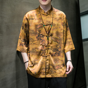 2024夏风男装冰丝唐装汉服短袖五分袖衬衫衬衣C229/Y943/P68图片