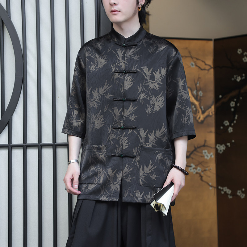 2024夏风男装冰丝竹子印花唐装短袖五分袖衬衫C229-Y1033-P70图片