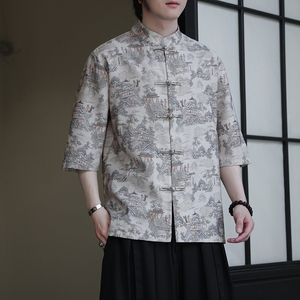 2024夏季风男装印花唐装汉服盘扣短袖衬衫衬衣C229-Y1023-P68图片