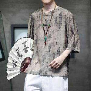 2024春夏风男装冰丝盘扣唐装汉服短袖五分袖T恤C229-T212-P60图片