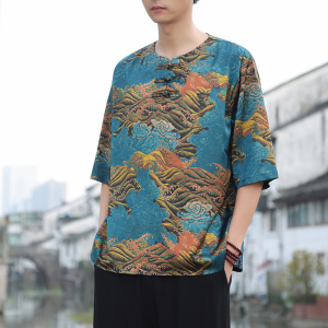2024夏季风男装冰丝印花唐装汉服短袖五分袖T恤C229/T197/P55图片
