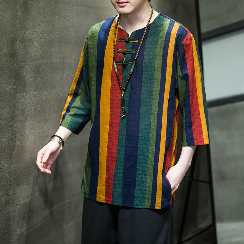 2024夏季风男装条纹唐装汉服盘扣复古T恤大码C229/T173/P50,男装T恤,电商C229