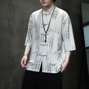 2024夏风男装印花唐装汉服短袖五分袖衬衫衬衣C229-Y1020-P70图片
