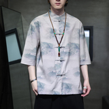 2024夏风男装印花唐装汉服短袖五分袖衬衫衬衣C229-Y1023-P68，男装衬衫，电商C229