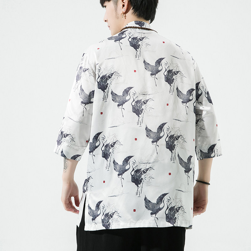 风男装冰丝印花唐装汉服短袖五分袖衬衫衬衣C229/Y735/P60,男装衬衫,电商C229