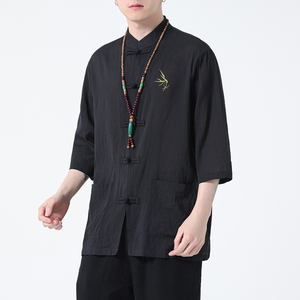 2024春夏风男装刺绣唐装汉服短袖五分袖衬衫C229-Y907-P65图片