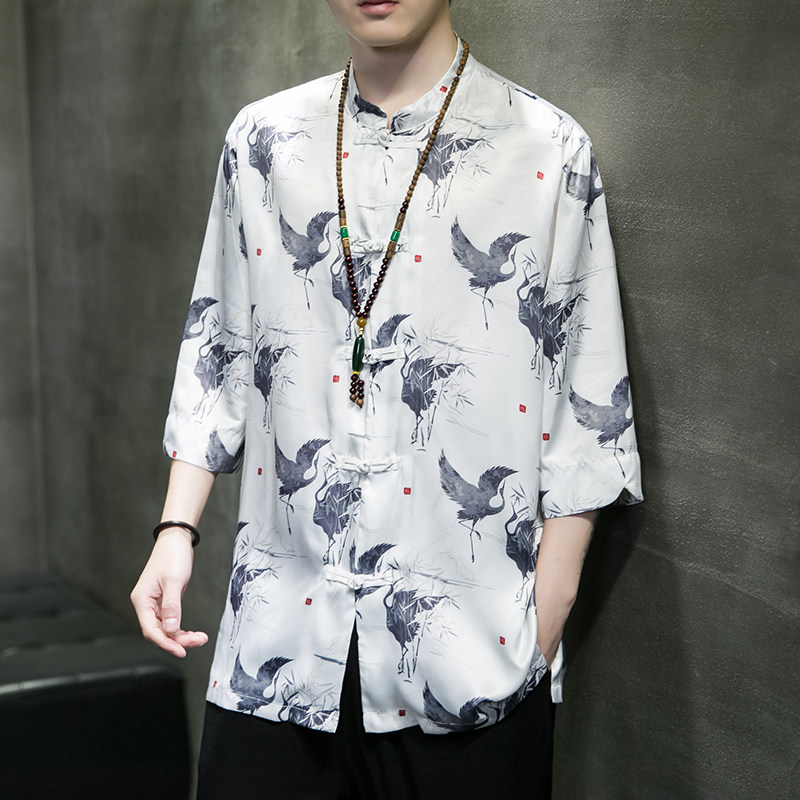 2023夏风男装冰丝印花唐装汉服短袖五分袖衬衫C229/Y735/P60,男装衬衫,电商C229
