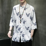 2023夏风男装冰丝印花唐装汉服短袖五分袖衬衫C229/Y735/P60，男装衬衫，电商C229
