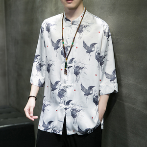 2023夏风男装冰丝印花唐装汉服短袖五分袖衬衫C229/Y735/P60图片