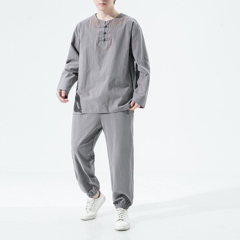 2024秋冬风男装棉麻亚麻刺绣套装两件套唐装C229/TZ347/P100图片