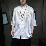 2024风男装刺绣冰丝唐装汉服短五分袖衬衫衬衣C229-Y1016-P65，男装衬衫，电商C229