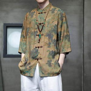 2024春夏风男装冰丝唐装汉服短袖五分袖衬衫C229-Y1005-P68图片